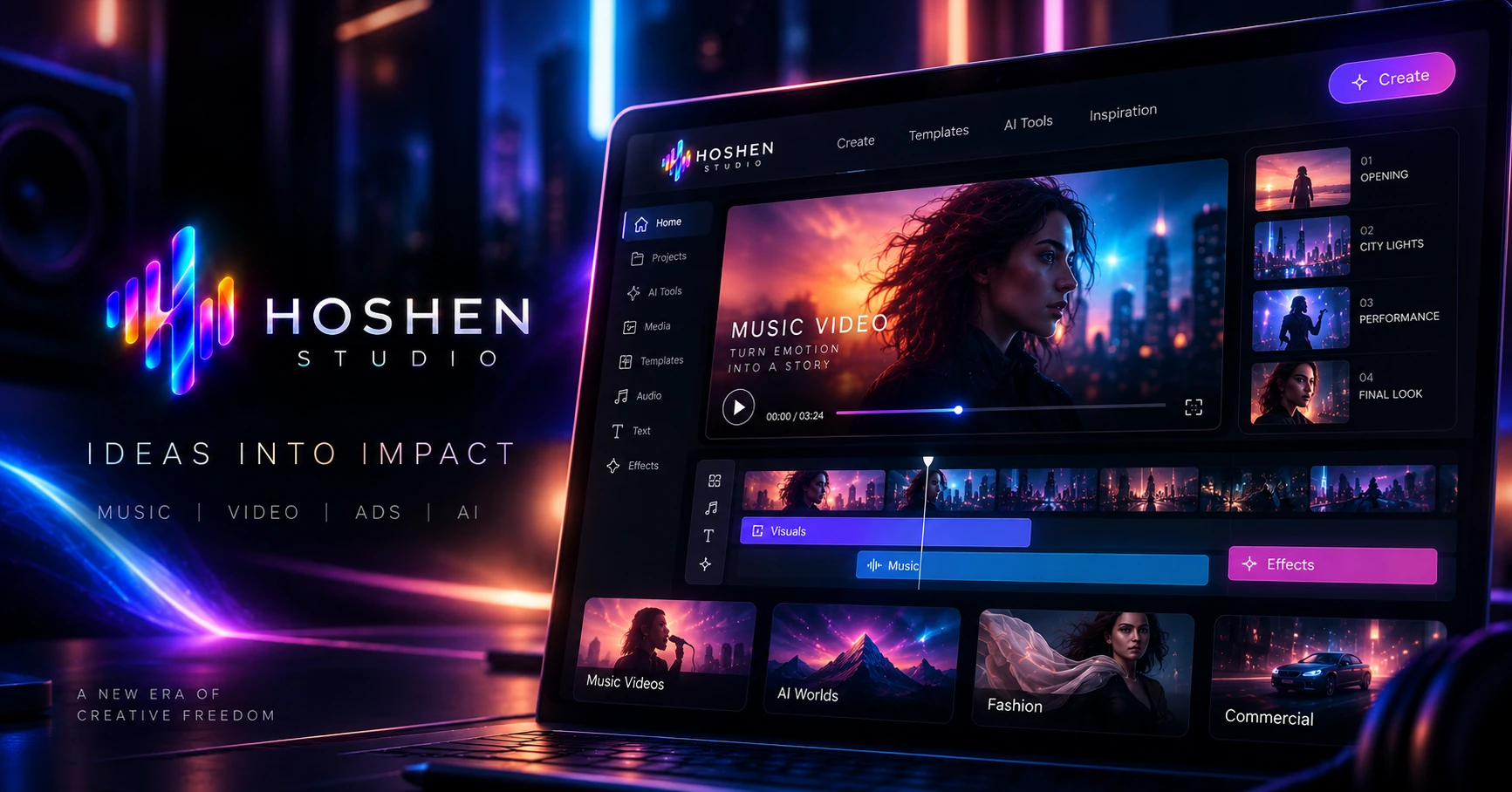 HOSHEN Studio logo beside a music video editing interface.